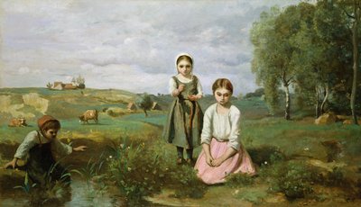 Children beside a brook in the countryside, Lormes by Jean Baptiste Camille Corot